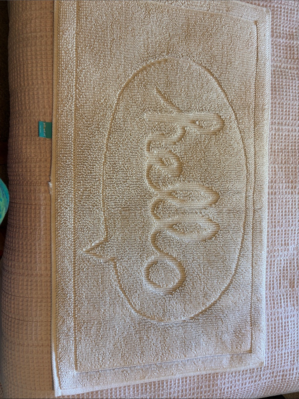 Pillowfort Beige Embossed "hello" Bath Mat